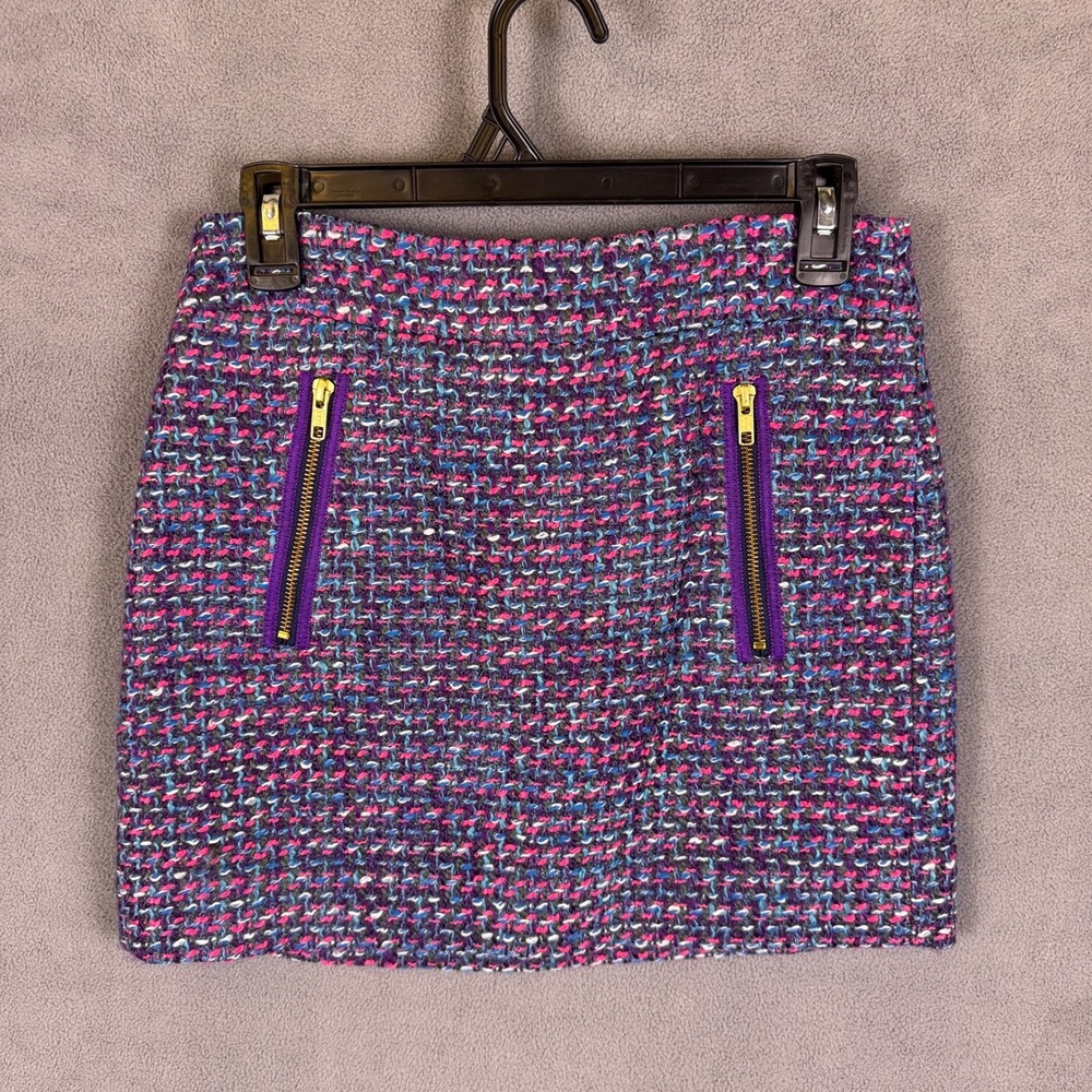 J.Crew Mini Skirt Sz 0 Tweed Wool Blend Pink Purple Zipper Trim Very Cute! - Picture 1 of 10